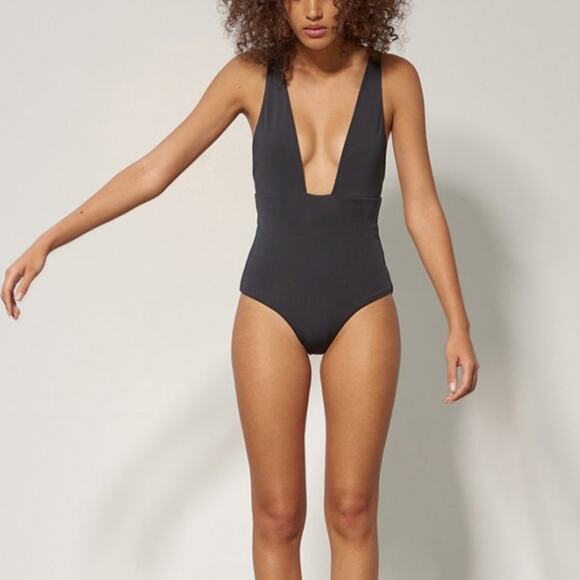 NEW Mara Hoffman Audrey Deep V-Neck One Piece Black Swimsuit - Picture 1 of 14